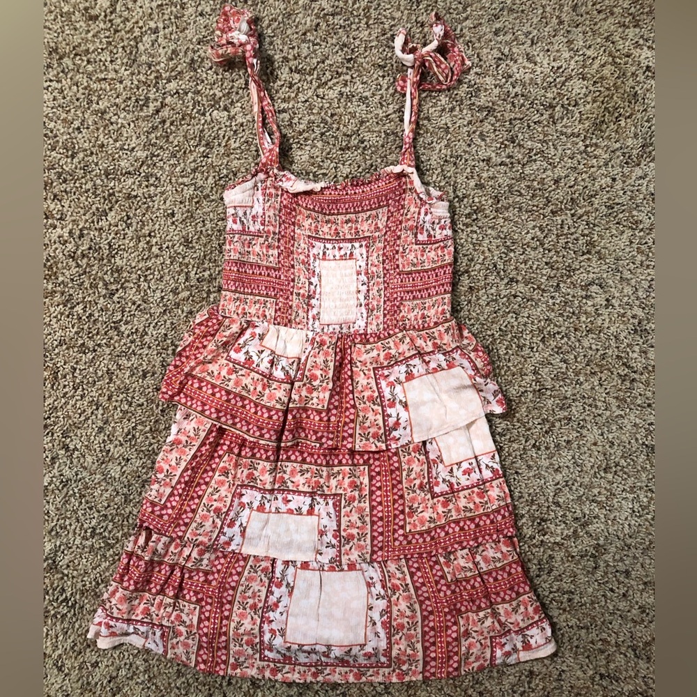 American Eagle Outfitters White and Pink Ruffled Tiered Sundress
